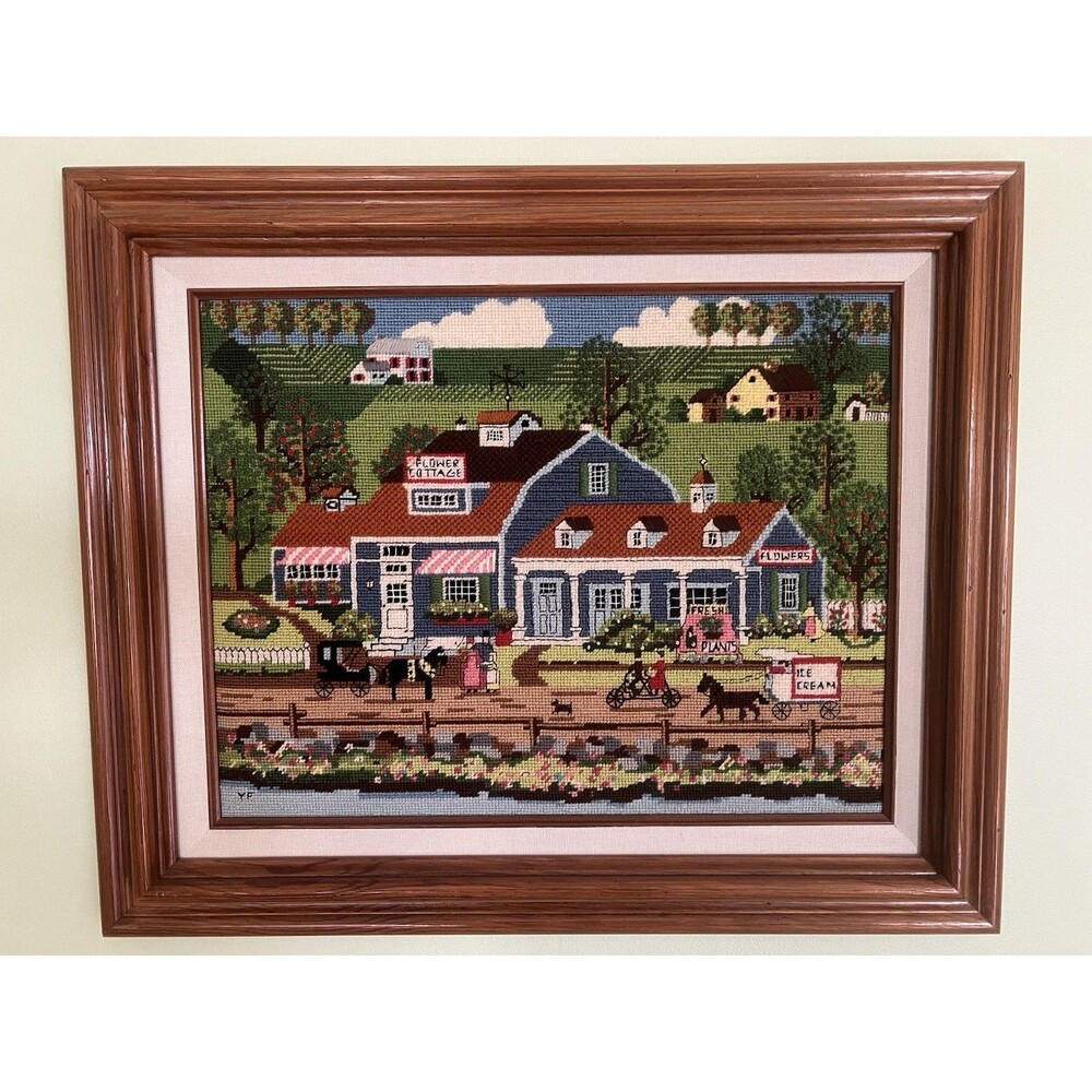 Framed Cross Stitch Prairie Wind Flowers by American folk artist Charles Wysock